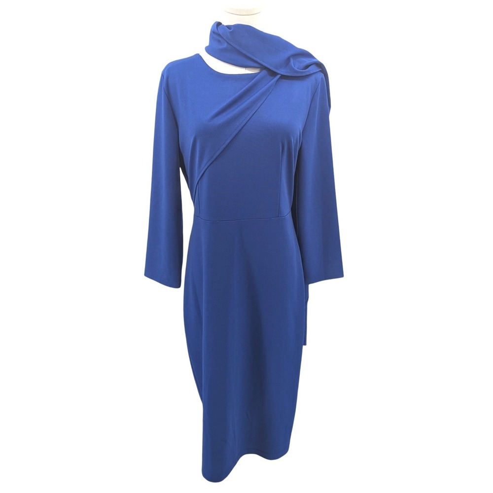 Metamorphosis Girl Blue Sheath Dress Asymmetrical Neck Scarf‎ Stretch Midi XXL